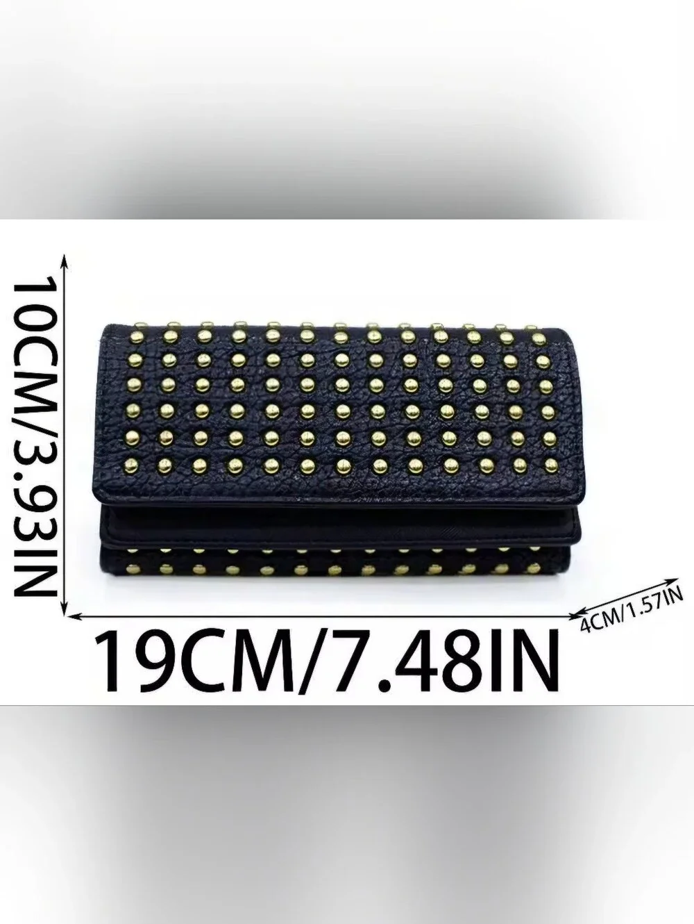 Fashionable Gold Tone Rivet Decorated Trifold Black Long Wallet Daily Use
